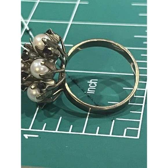 Vintage 10K Gold Seed Pearl Garnet Cluster Ring Victorian Style - Picture 3 of 10